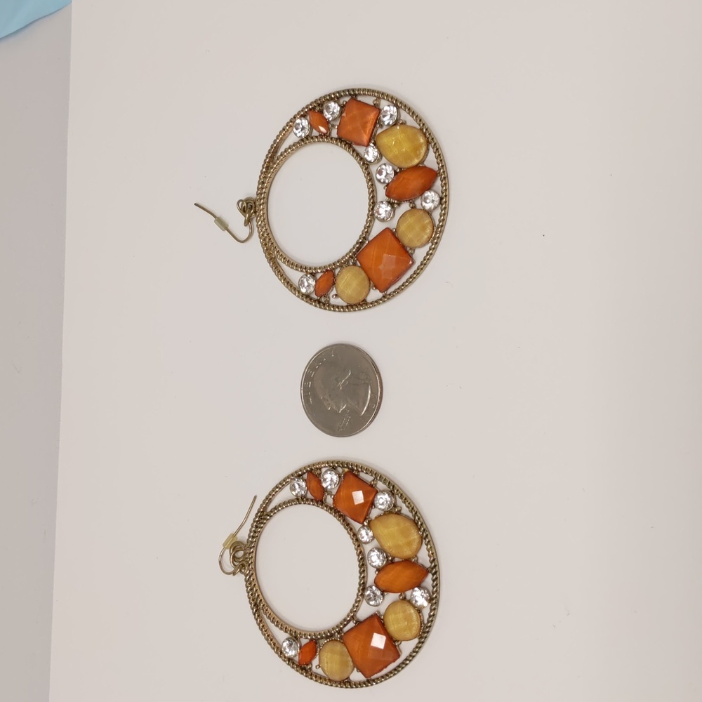 Large Circle Dangle Earrings Orange Yellow Rhinestones Gold Tone Piereced - Picture 6 of 7